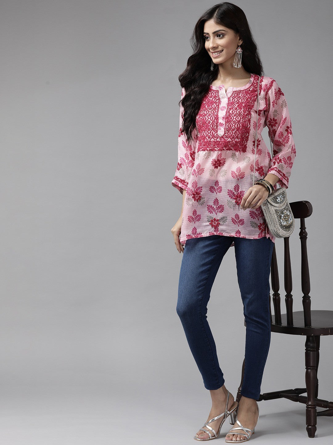 ADA Hand Embroidered Pink Kota Lucknowi Chikankari Short Kurti A911142