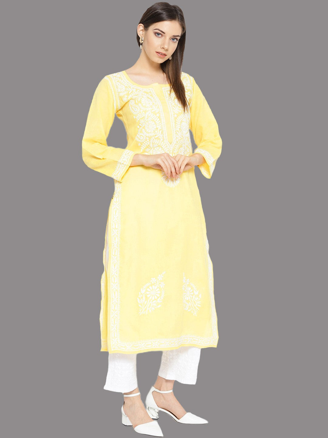 Ada Hand Embroidered Yellow Cotton Lucknowi Chikankari Kurta Set A100128