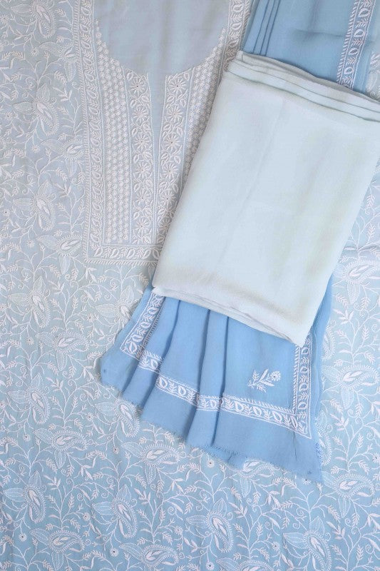 Ada Hand Embroidered Sky Blue Shaded Pure Georgette Lucknowi Chikan Unstitched Suit Piece-A576800