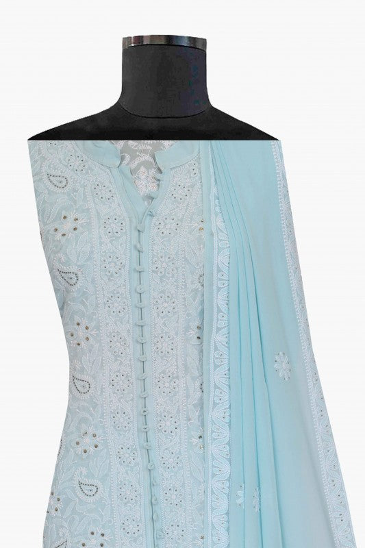 Ada Hand Embroidered Light Blue Pure Georgette Lucknowi Chikankari Semi-stitched Suit Piece Muqaish Work-A431436