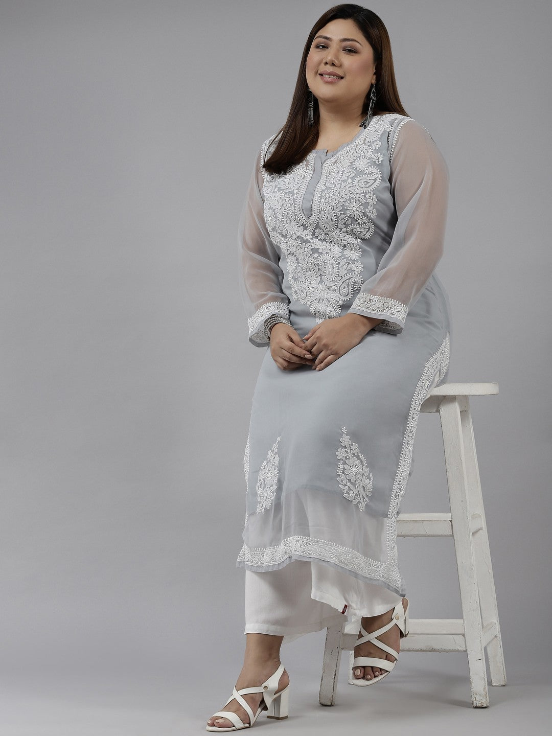 Ada Hand Embroidered Grey Georgette Lucknow Chikan Kurta with Slip A411358