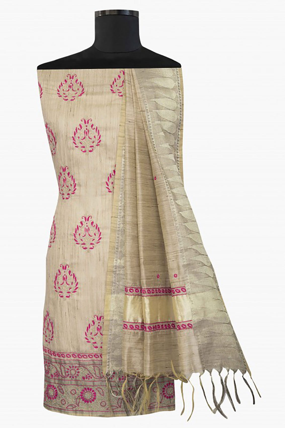 Ada Hand Embroidered Fawn Chanderi Lucknowi Chikankari Unstitched Kurta Dupatta Set A123224