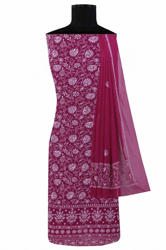 Ada Hand Embroidered Magenta Pure Georgette Lucknowi Chikan Unstitched Kurta Dupatta Set- A583323