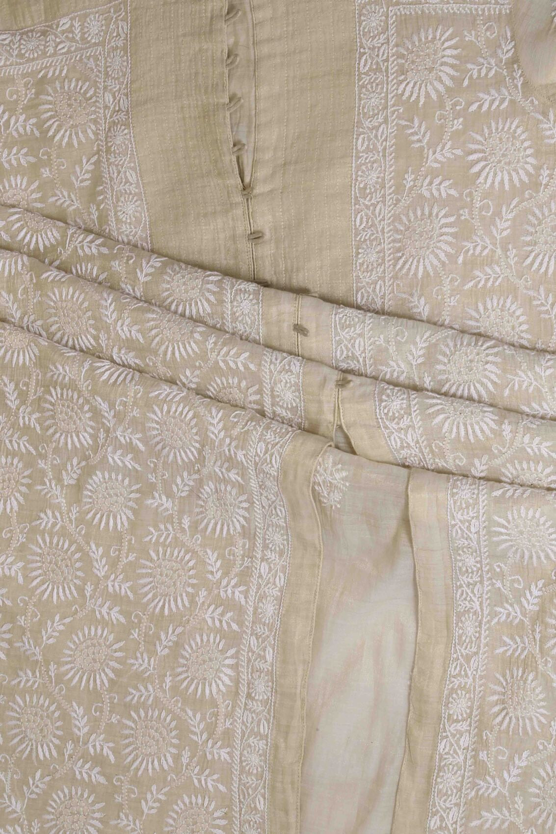 Ada Hand Embroidered Natural Fawn Tissue Lucknowi Chikankari Semi-stitched Kurta Dupatta Set A615495
