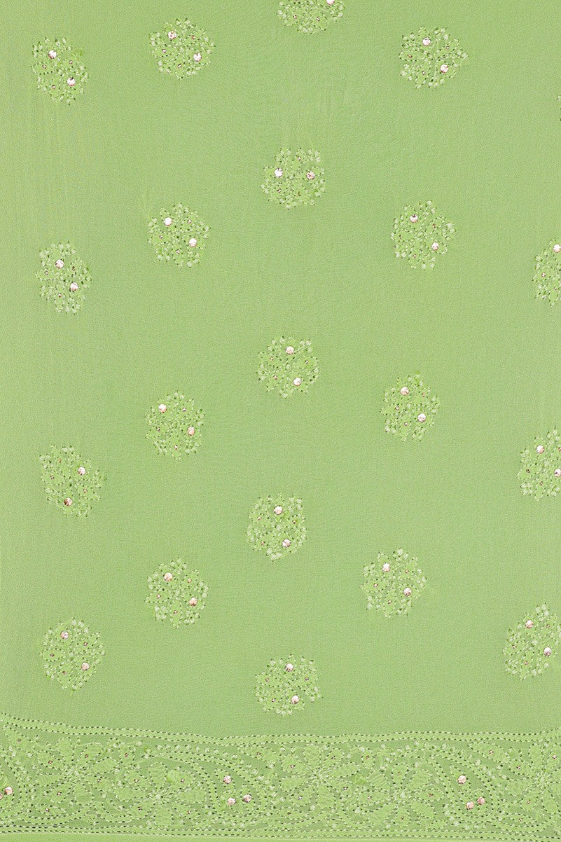 Ada Hand Embroidered Pear Green Georgette Lucknowi Chikankari Semi-stitched Anarkali Kurta Dupatta Set With Muqaish Work A619754