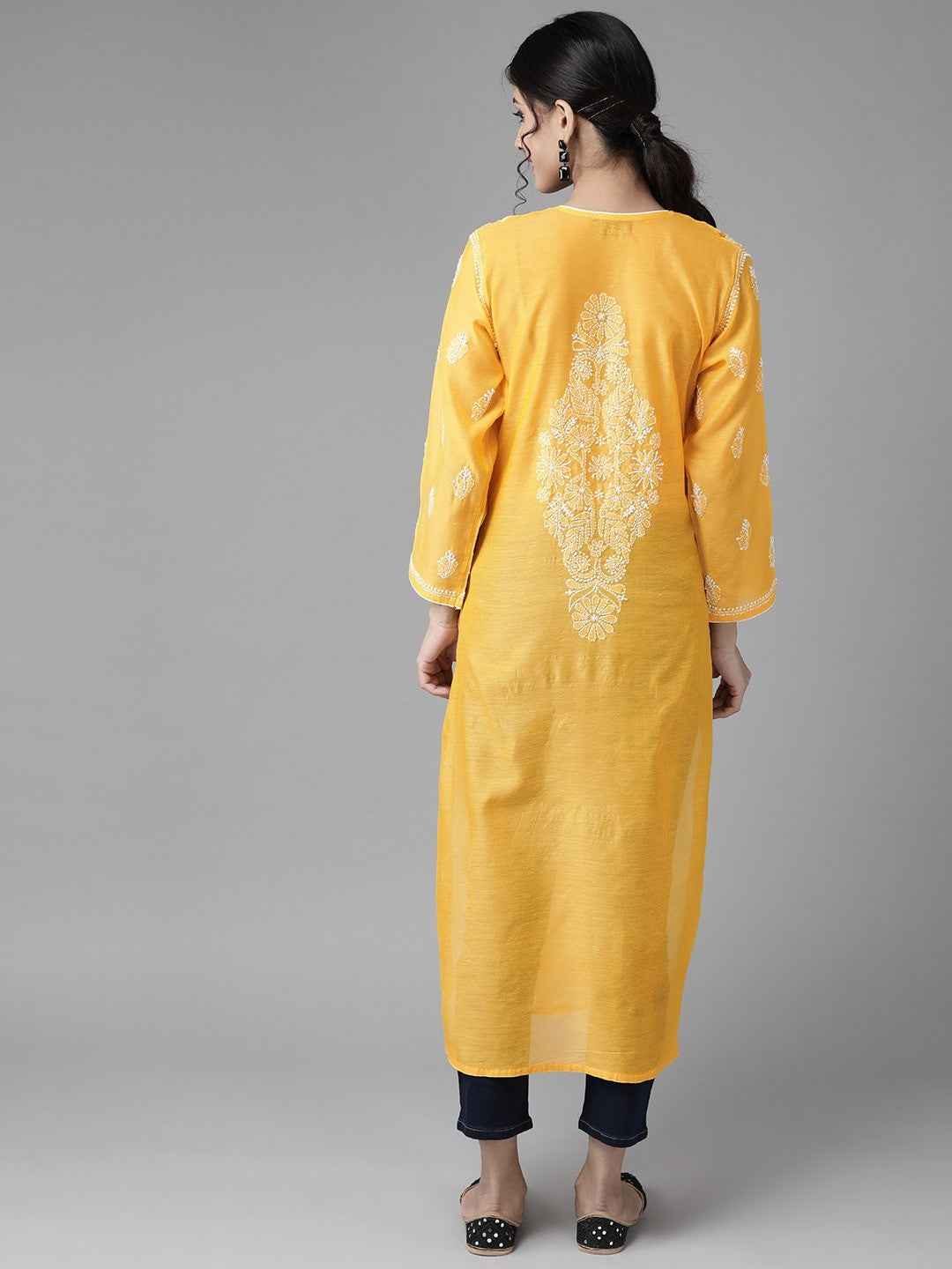 Ada Hand Embroidered Yellow Chanderi Lucknow Chikankari Straight Kurta A411175