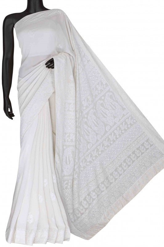 Ada Hand Embroidered White Pure Georgette Lucknow Chikan Saree with Blouse A342799