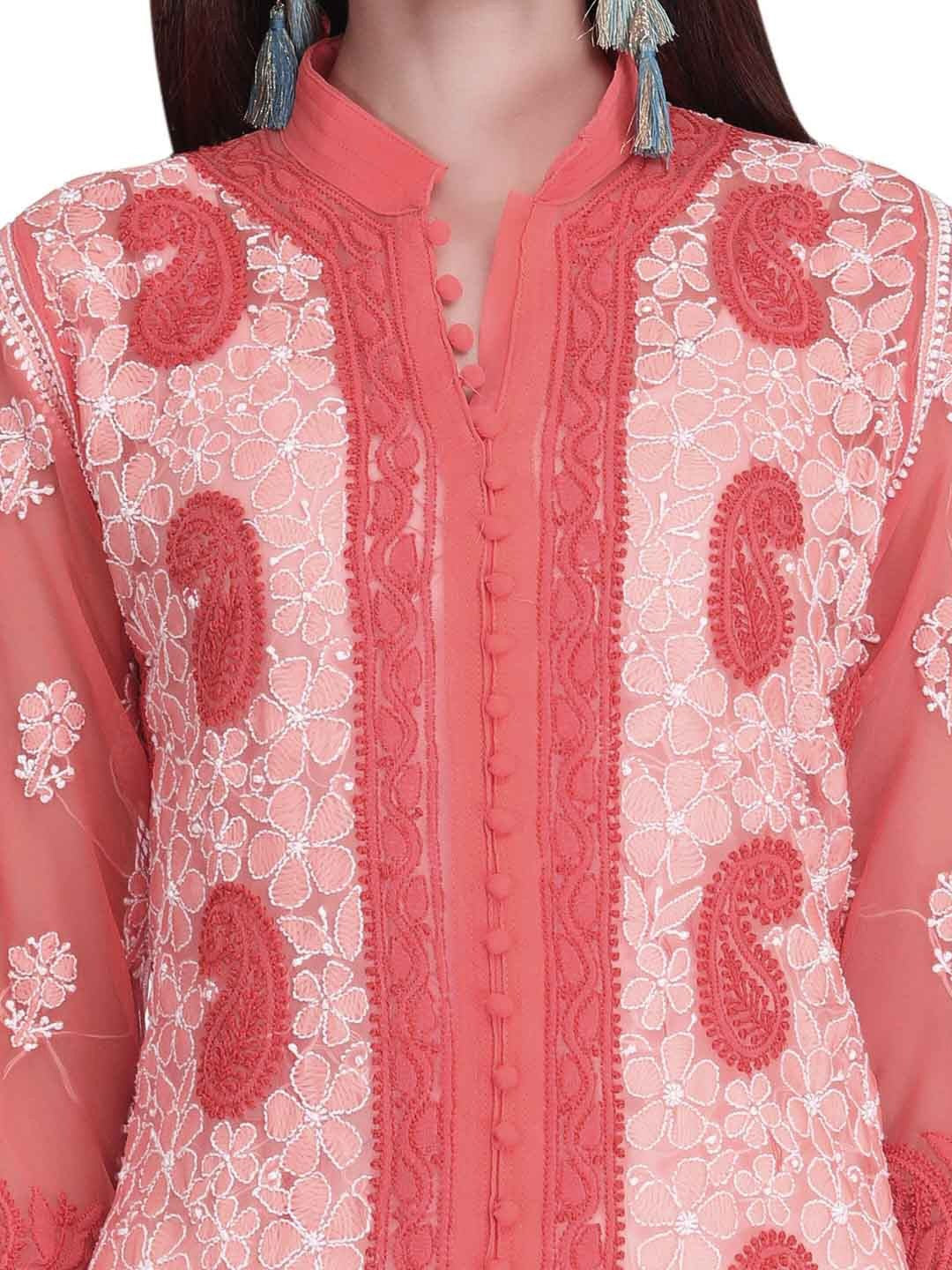 Ada Hand Embroidered Peach Georgette Lucknowi Chikankari Straight  Kurta A227272