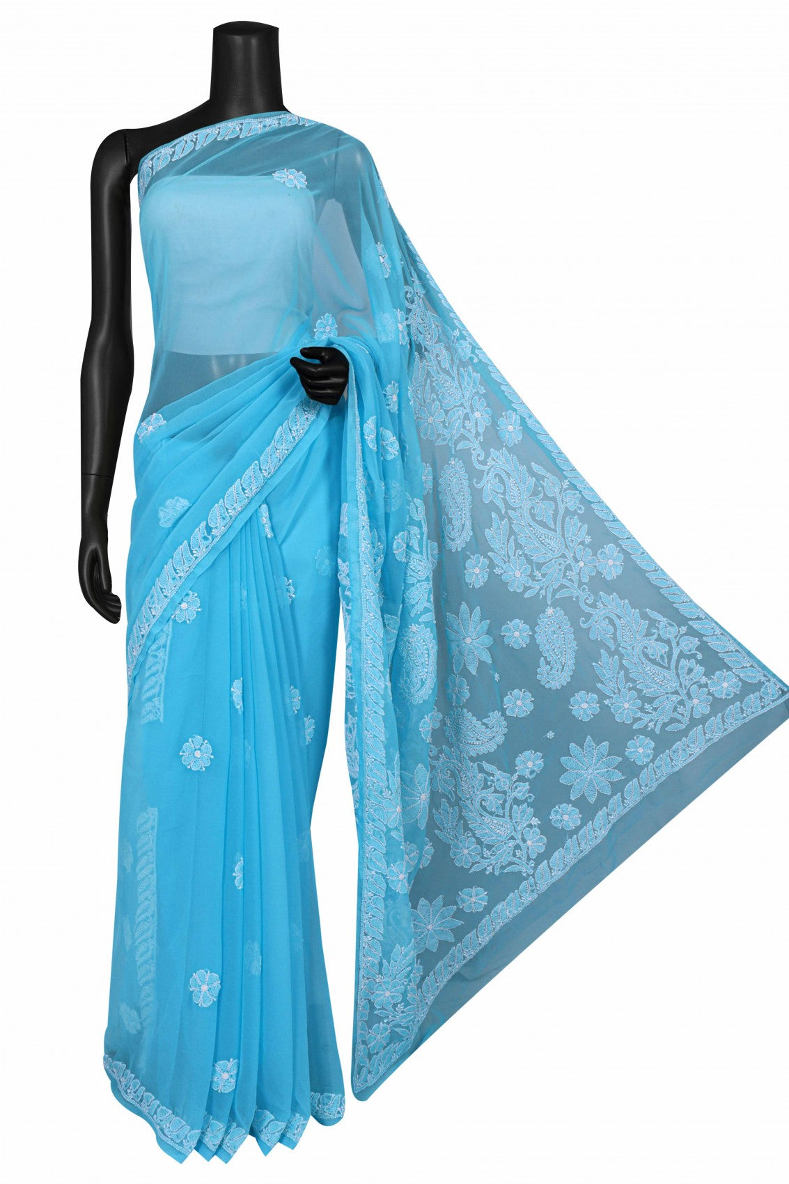 Ada Hand Embroidered Sky Blue Georgette Lucknowi Chikankari Saree With Blouse A472860