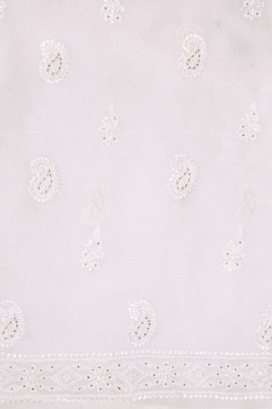 Ada Hand Embroidered White Georgette Lucknowi Chikan Unstitched Kurta Piece with Muqaish Work A339929