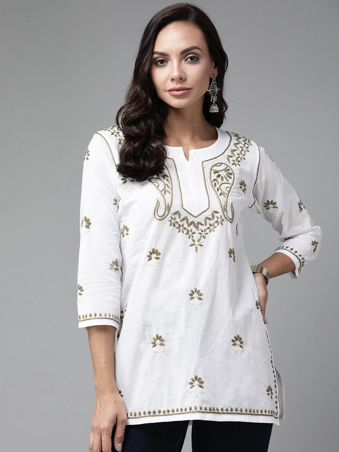 Ada Hand Embroidered White Cotton Lucknowi Chikankari Short Kurti A911223