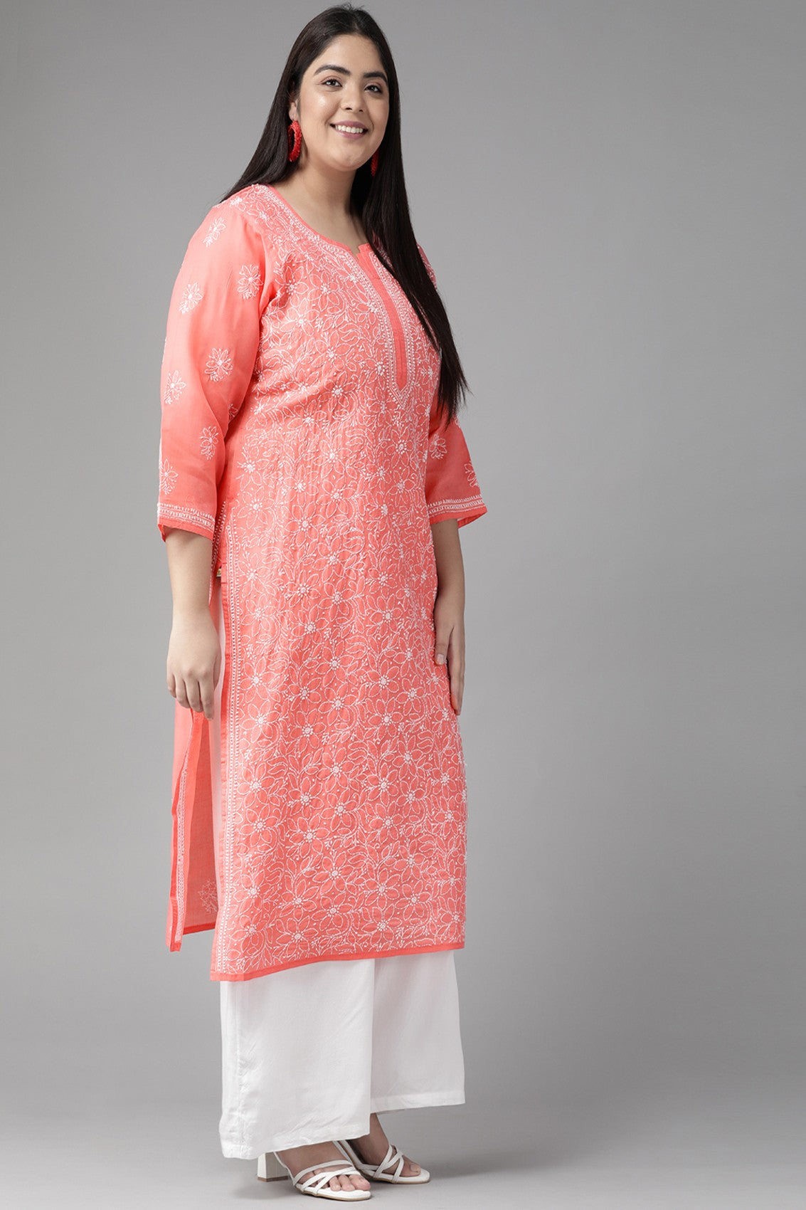 Ada Hand Embroidered Carrot Pink Cotton Lucknowi Chikankari Straight Kurta A411210