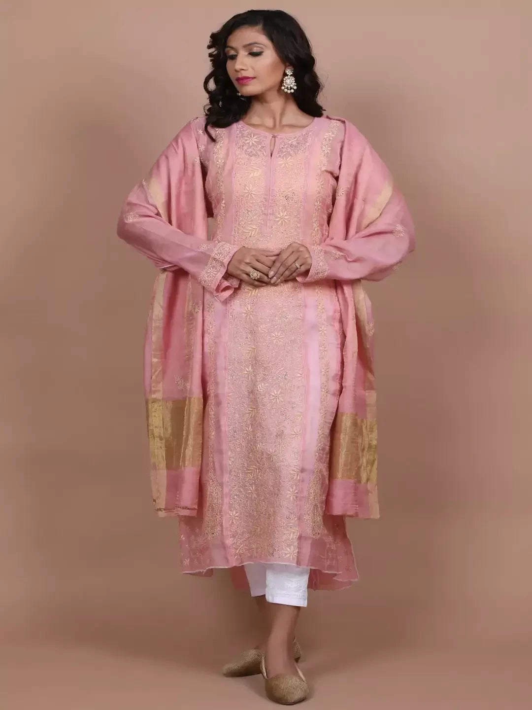 Ada Hand Embroidered Dusty Peach Tissue Lucknowi Chikankari Semi-stitched Kurta Dupatta Set With Muqaish Work 01A229599