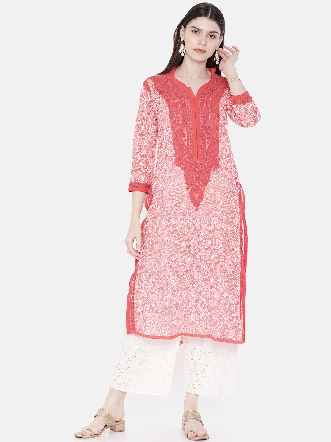 Ada Hand Embroidered Carrot Pink Georgette Lucknowi Chikankari straight Kurta-A468333
