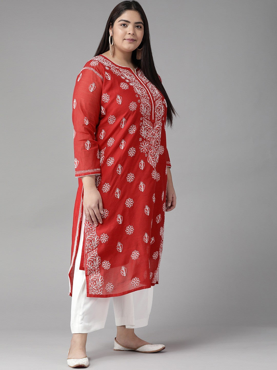 Ada Hand Embroidered Red Chanderi Lucknowi Chikankari Straight Kurta A411178