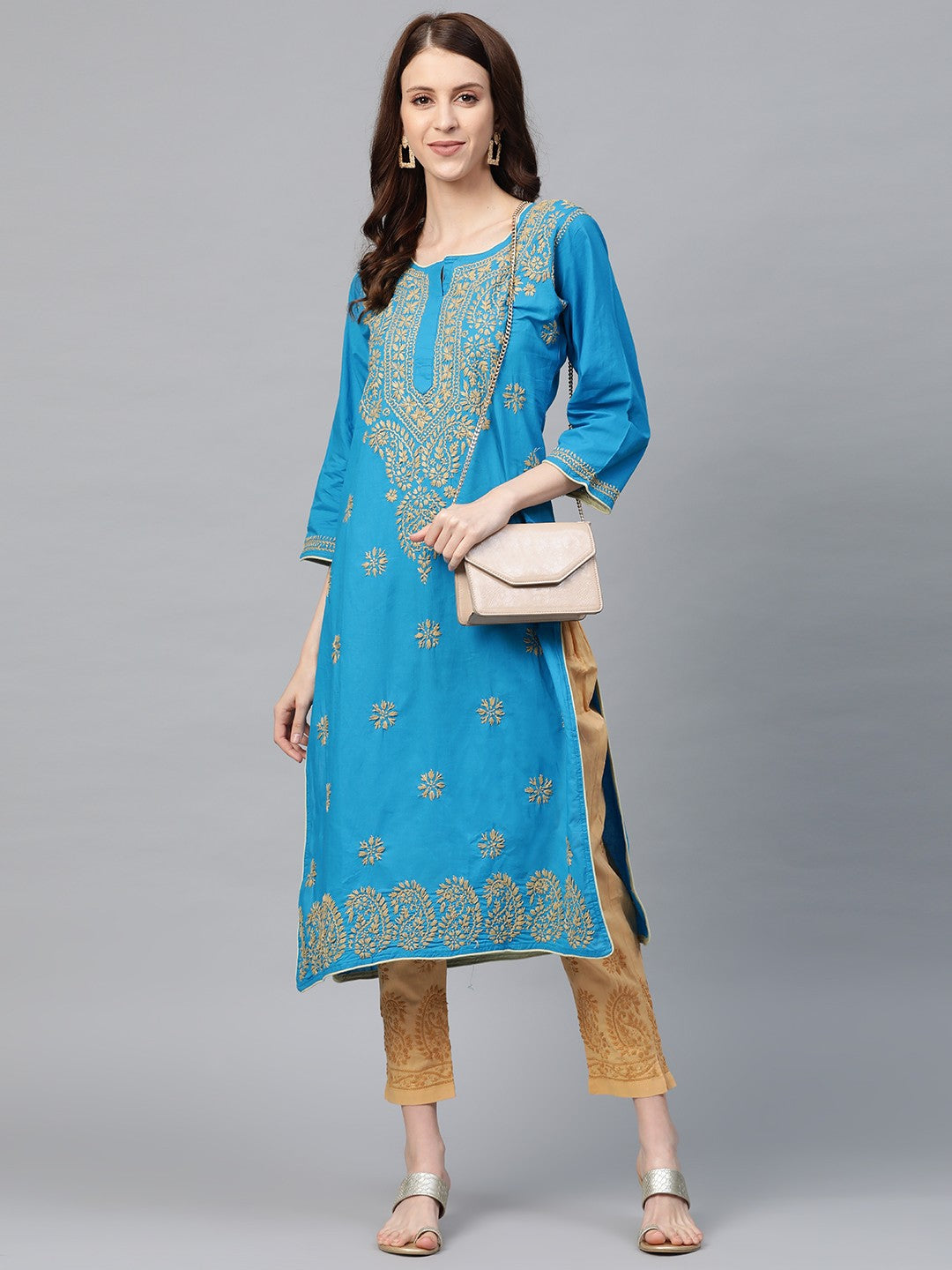 Ada Hand Embroidered Blue Cotton Lucknowi Chikankari Straight Kurta With Trouser Set A811118