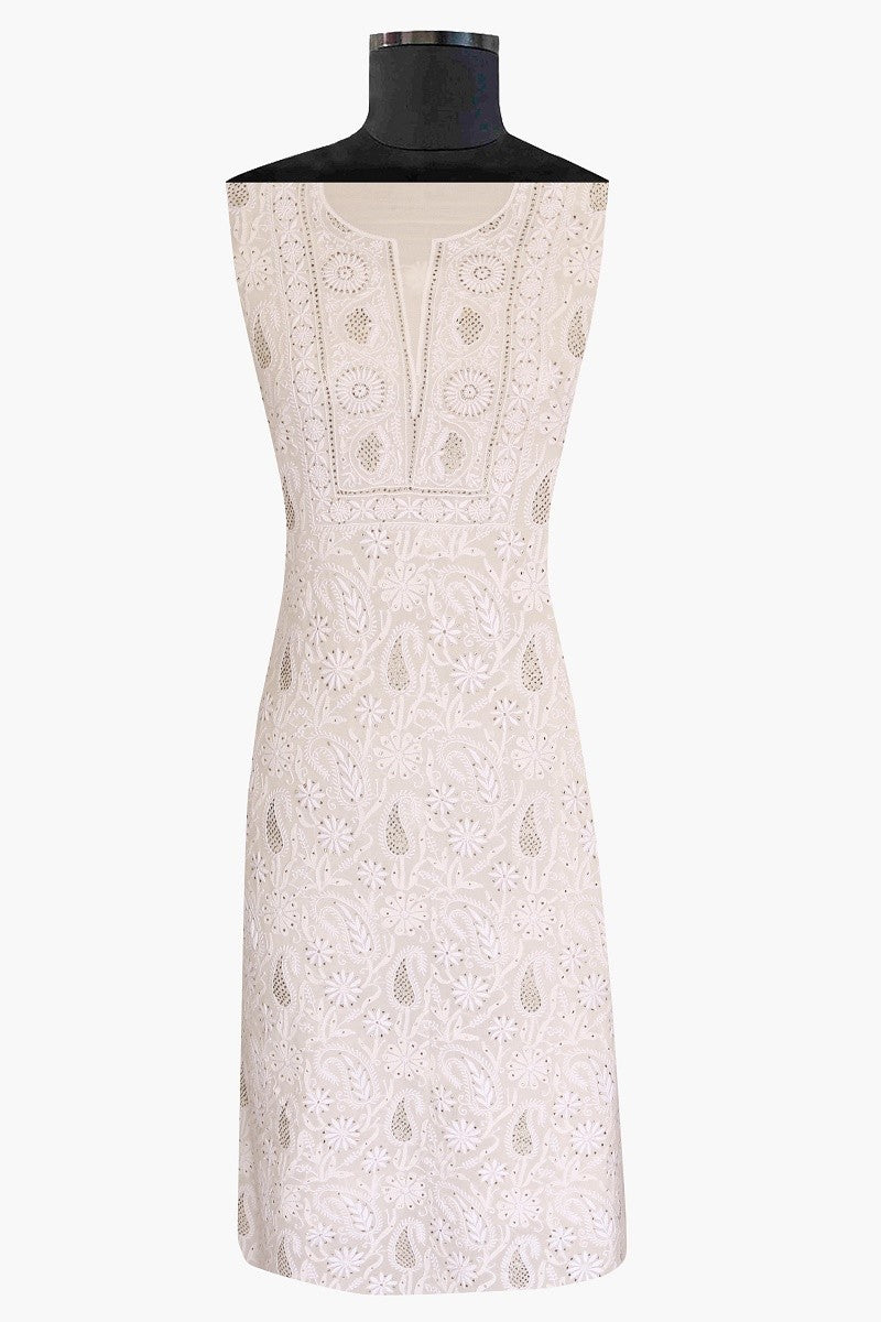 Ada Hand Embroidered White Pure Georgette Lucknowi Chikan Unstitched Kurta Dupatta Set With Muqaish Work - A482567