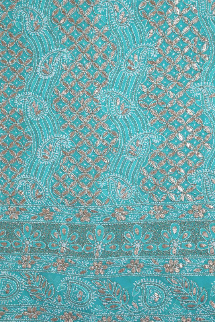 Ada Hand Embroidered Rama Green Georgette Lucknowi Chikan Unstitched Kurta Dupatta Set With Gota Patti Work A443924