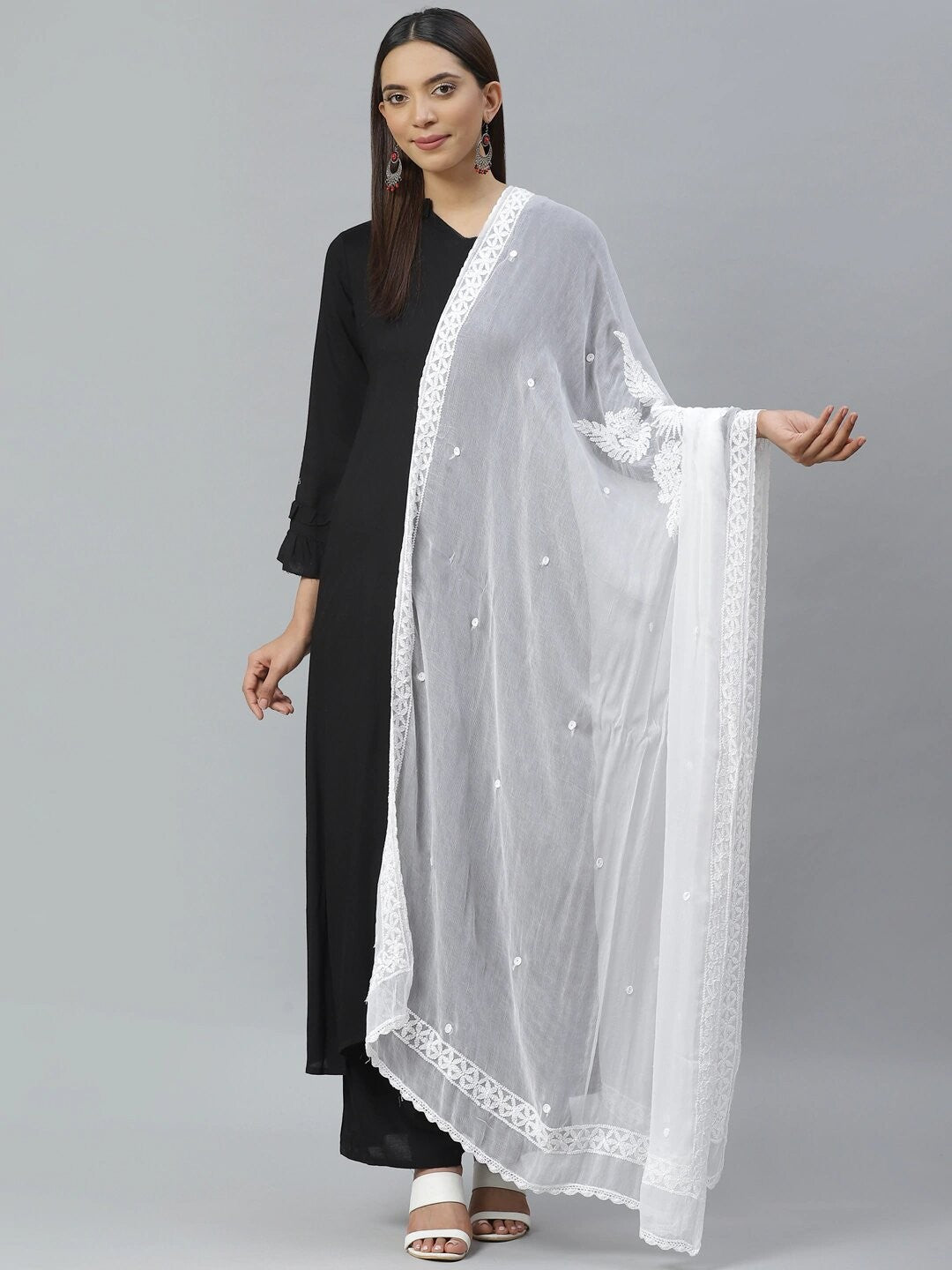 Ada Hand Embroidered White Chiffon Lucknowi Chikankari Dupatta– A511119
