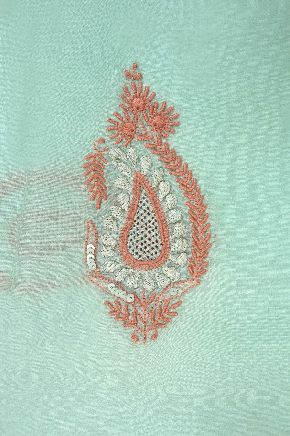 Ada Hand Embroidered Tea Green Organza Lucknowi Chikankari Saree/Blouse With Mirror Work A600720