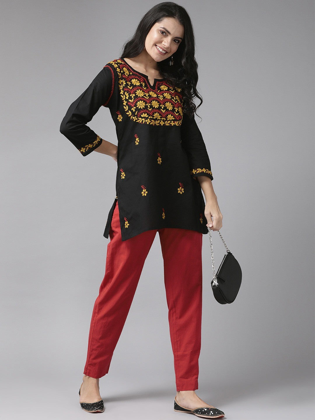 Ada Hand Embroidered Black Cotton Lucknowi Chikan Kurti A911117