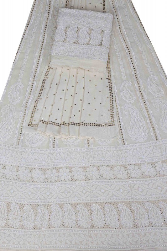 Ada Hand Embroidered Off White Pure Georgette Lucknowi Chikankari Lehenga Set with Muqaish Work A590681