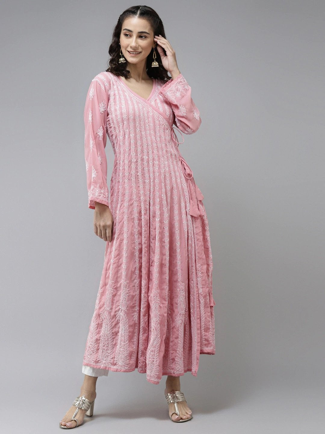 Ada Hand Embroidered Onion Pink Georgette Lucknow Chikankari Anarkali Kurta - A411226
