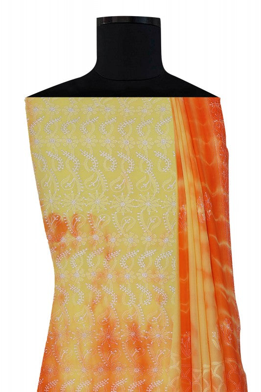 Ada Hand Embroidered Yellow/Orange Shaded Pure Georgette Lucknowi Chikan Unstitched Suit Piece A78008