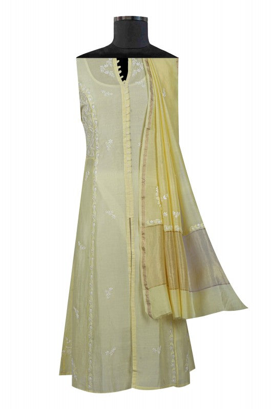 Ada Hand Embroidered Lemon Chanderi Lucknowi Chikankari Semi-Stitched Anarkali Kurta Dupatta Set 01A22105