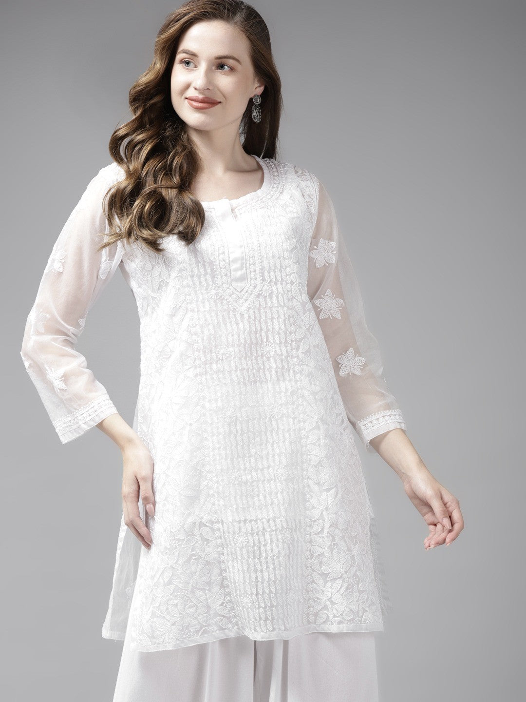 Ada Hand Embroidered White Organza Lucknowi Chikankari Kurti With Slip A911167