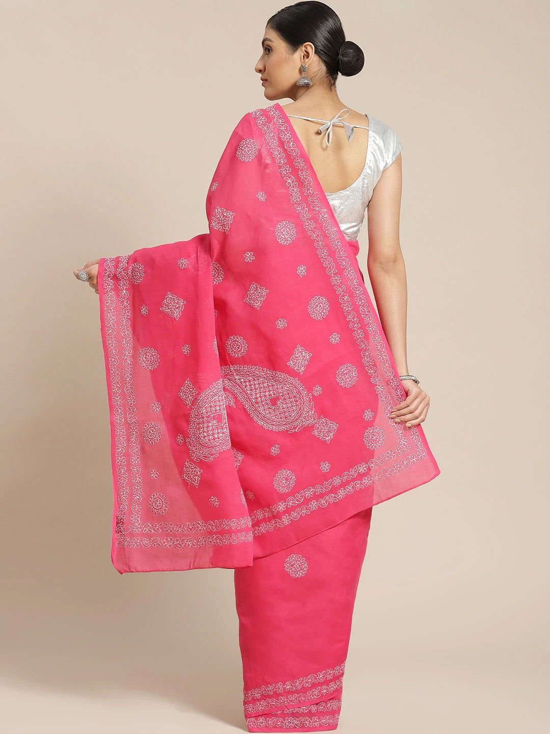 Ada Hand Embroidered Magenta Cotton Lucknow Chikan Saree With Blouse A311183