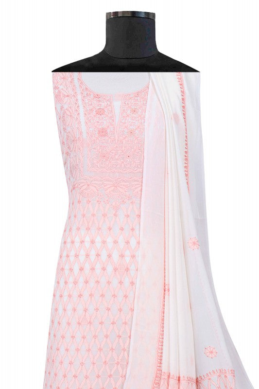 Ada Hand Embroidered White Pure Georgette Lucknowi Chikan Unstitched Kurta Dupatta Set A425087