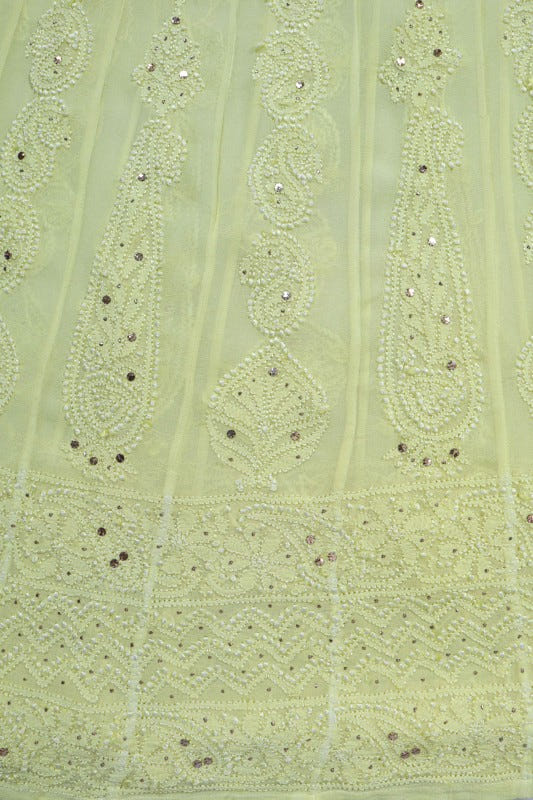 Ada Hand Embroidered Lemon Georgette Lucknowi Chikankari Semi-Stitched Anarkali Kurta Dupatta Set With Muqaish Work A607089