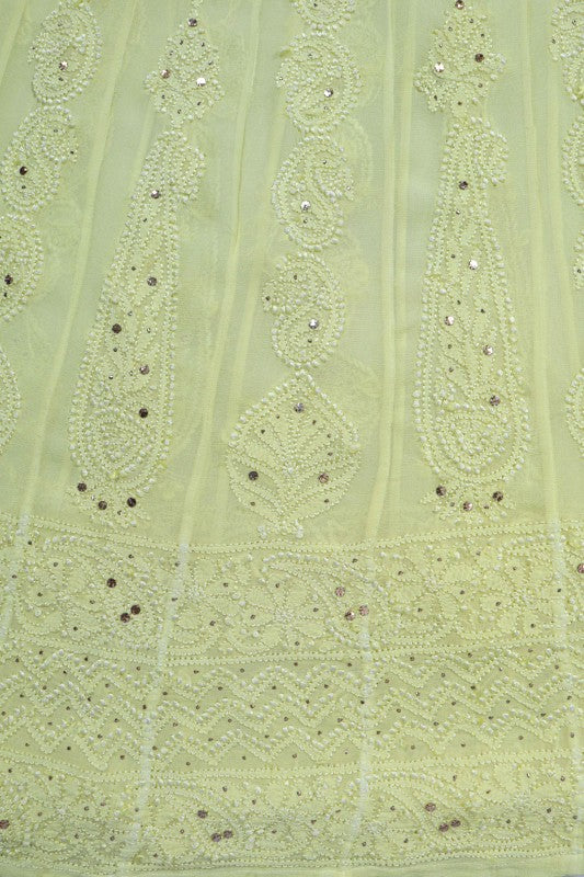 Ada Hand Embroidered Lemon Georgette Lucknowi Chikankari Semi-Stitched Anarkali Kurta Dupatta Set With Muqaish Work A607089