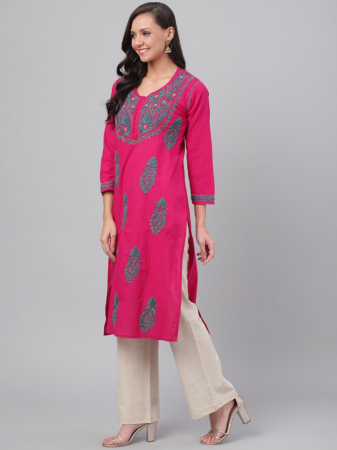 Ada Hand Embroidered Magenta Cotton Lucknow Chikankari Straight Kurta A411489