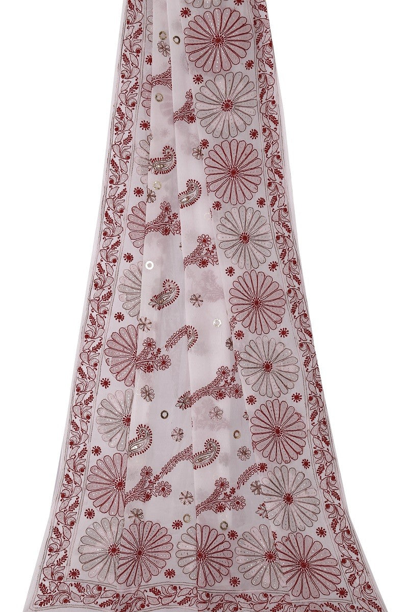 Ada Hand Embroidered White Georgette Lucknowi Chikankari Saree/Blouse With Muqaish Work A407323