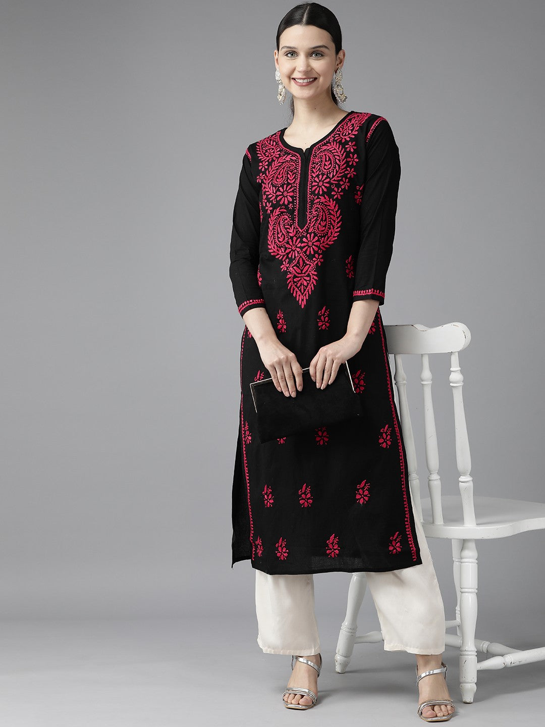 Ada Hand Embroidered Black Cotton Lucknow Chikankari Straight Kurta A411404