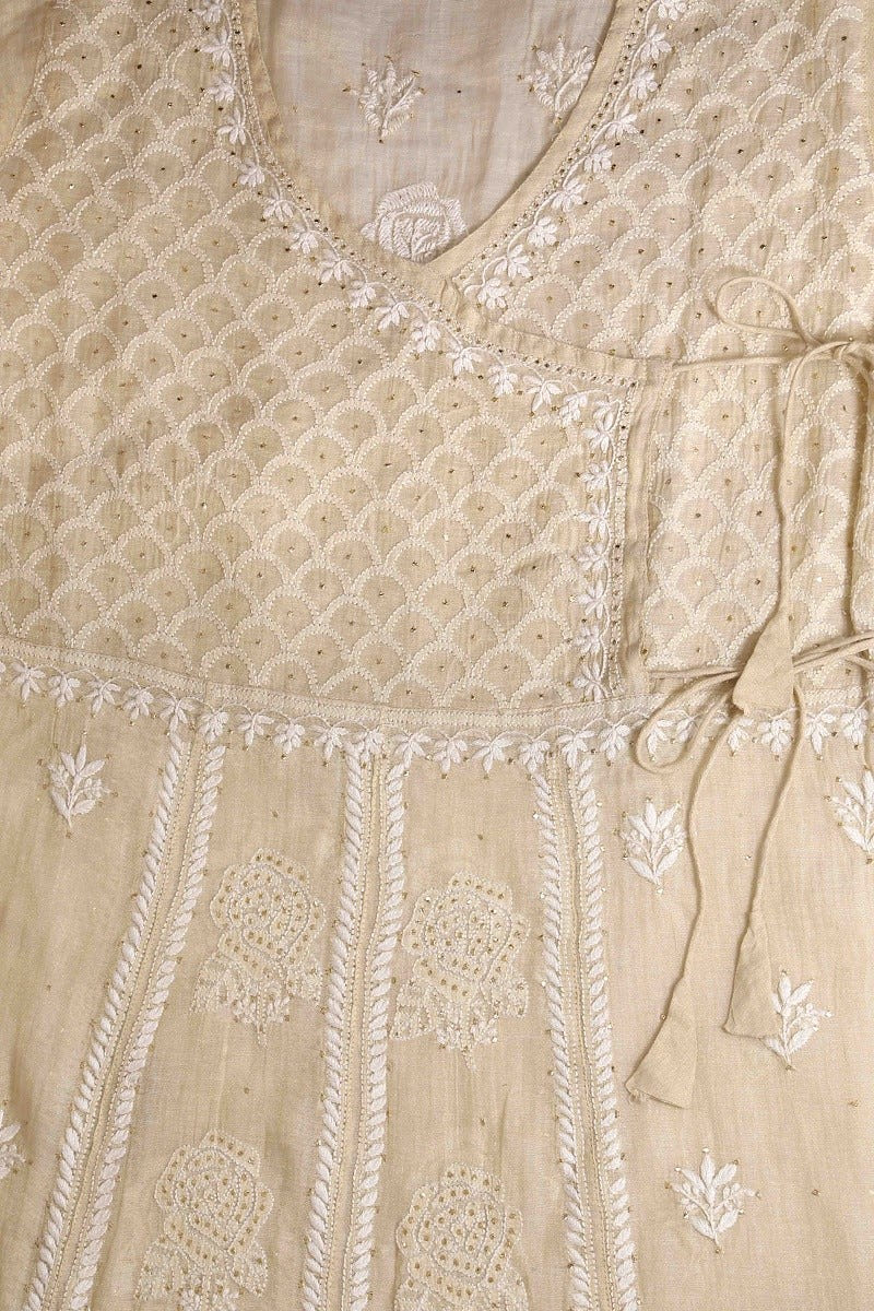 Ada Hand Embroidered Fawn Tissue Lucknowi Chikankari Semi-stitched Angarkha Style Anarkali Kurta With Muqaish Work-A595338