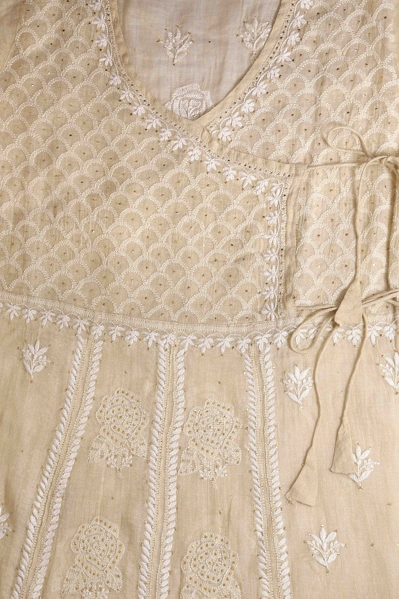 Ada Hand Embroidered Fawn Tissue Lucknowi Chikankari Semi-stitched Angarkha Style Anarkali Kurta With Muqaish Work-A595338