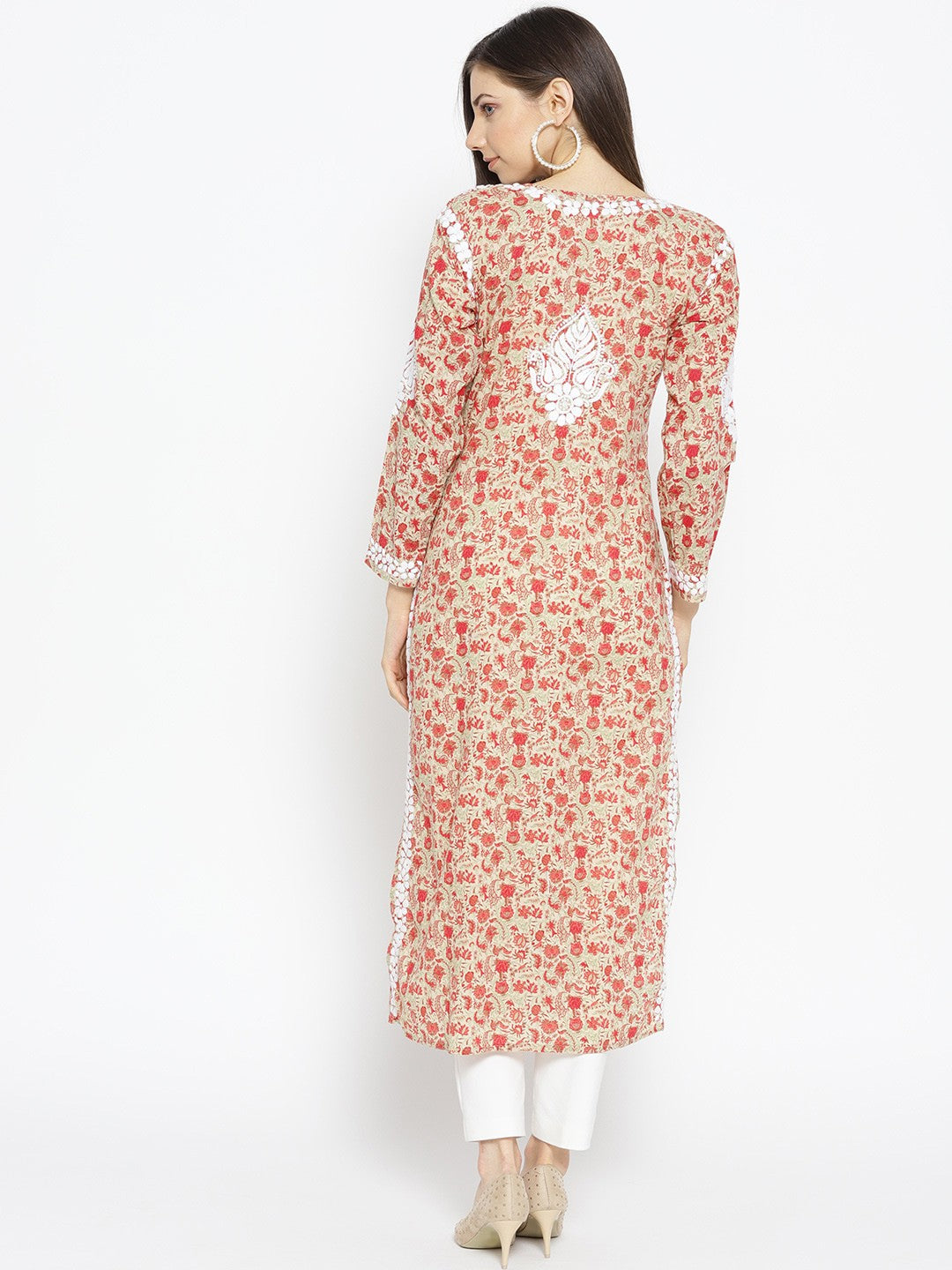 Ada Hand Embroidered Fawn Red Cotton Lucknow Chikankari Kurta- A100030
