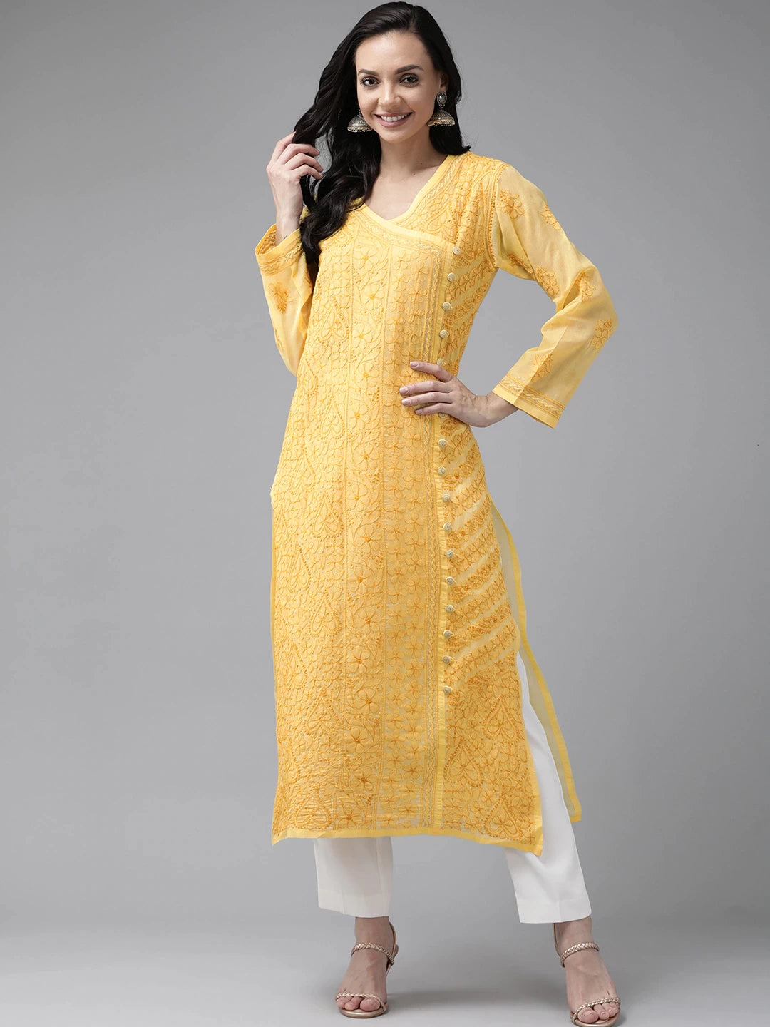Ada Hand Embroidered Yellow Cotton Lucknowi Chikankari Kurta A411252