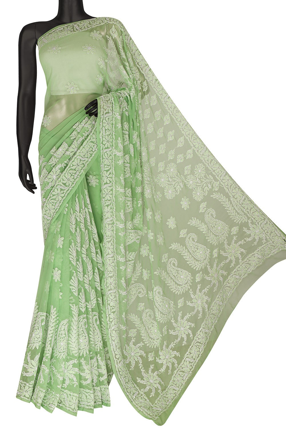 Ada Hand Embroidered Green Georgette Lucknowi Chikankari Saree With Blouse A611480