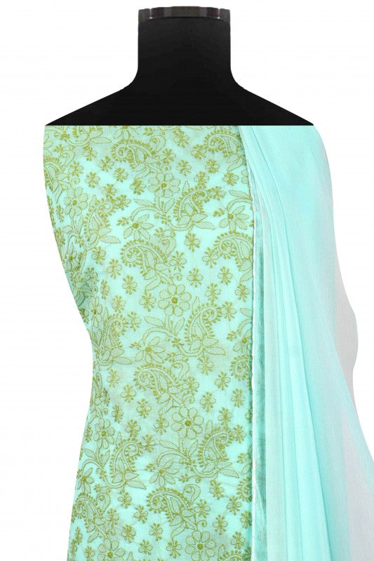 Ada Hand Embroidered Sea Green Cotton Lucknowi Chikan Unstitched Suit Piece A603846