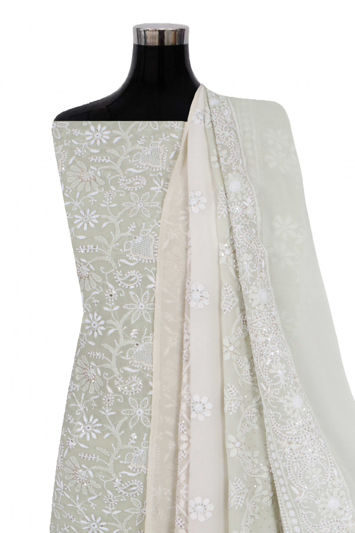 Ada Hand Embroidered Tea Green Ombre Shade Pure Georgette Lucknowi Chikanikari Unstitched Kurta Dupatta Set With Zari Work 01A375429