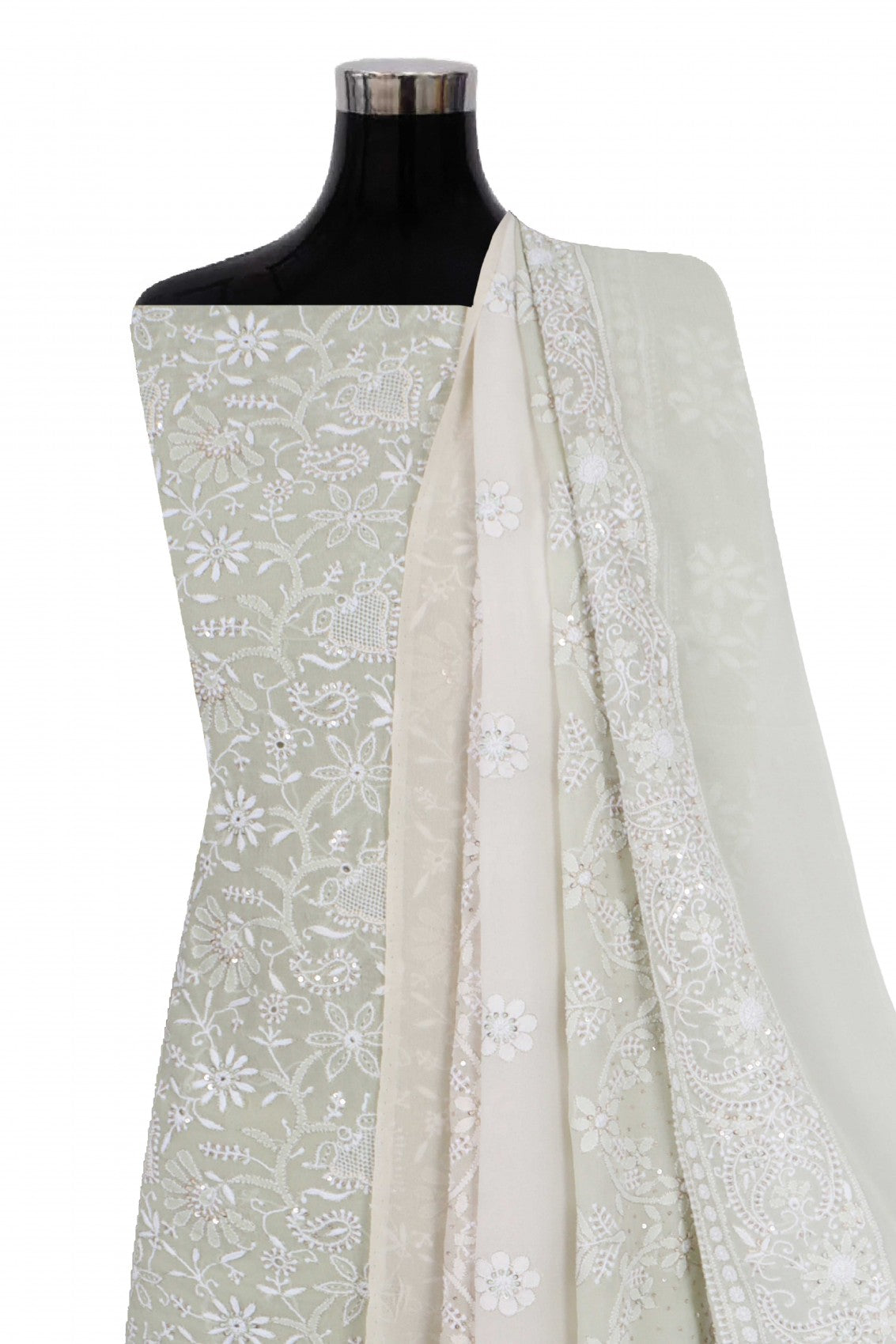 Ada Hand Embroidered Tea Green Ombre Shade Pure Georgette Lucknowi Chikanikari Unstitched Kurta Dupatta Set With Zari Work 01A375429