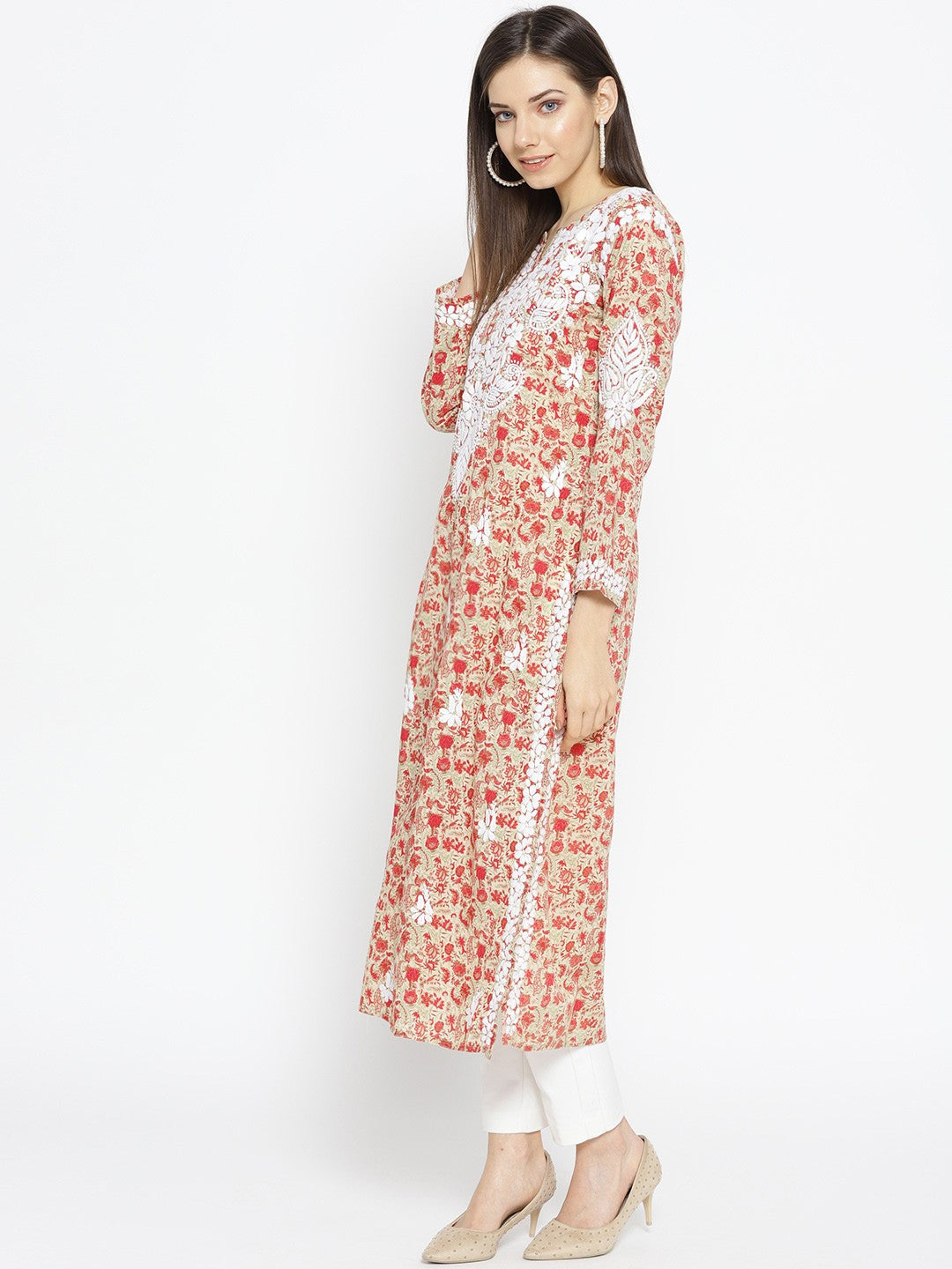 Ada Hand Embroidered Fawn Red Cotton Lucknow Chikankari Kurta- A100030