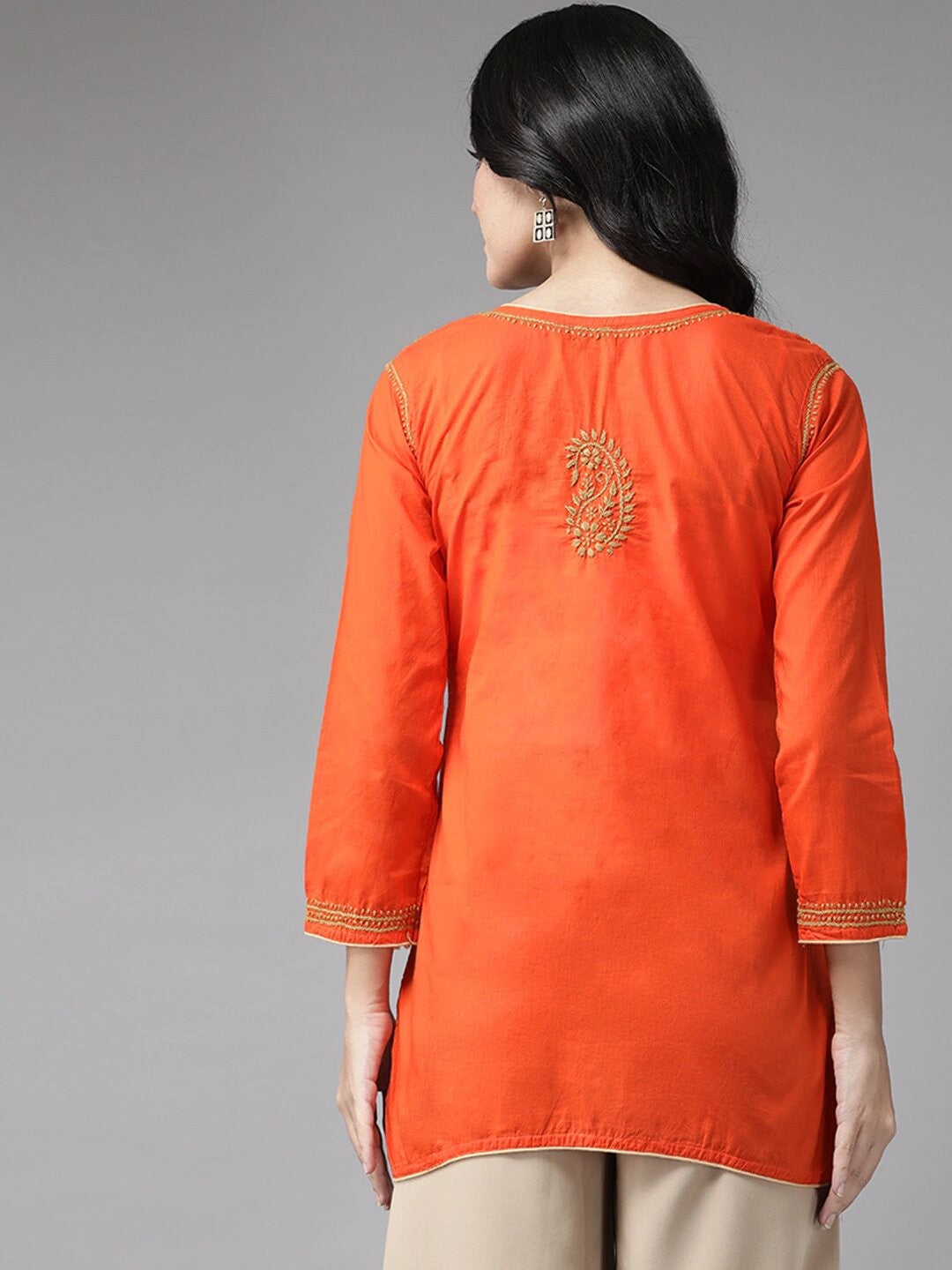 Ada Hand Embroidered Orange Cotton Lucknowi Chikankari Short Kurti A250565