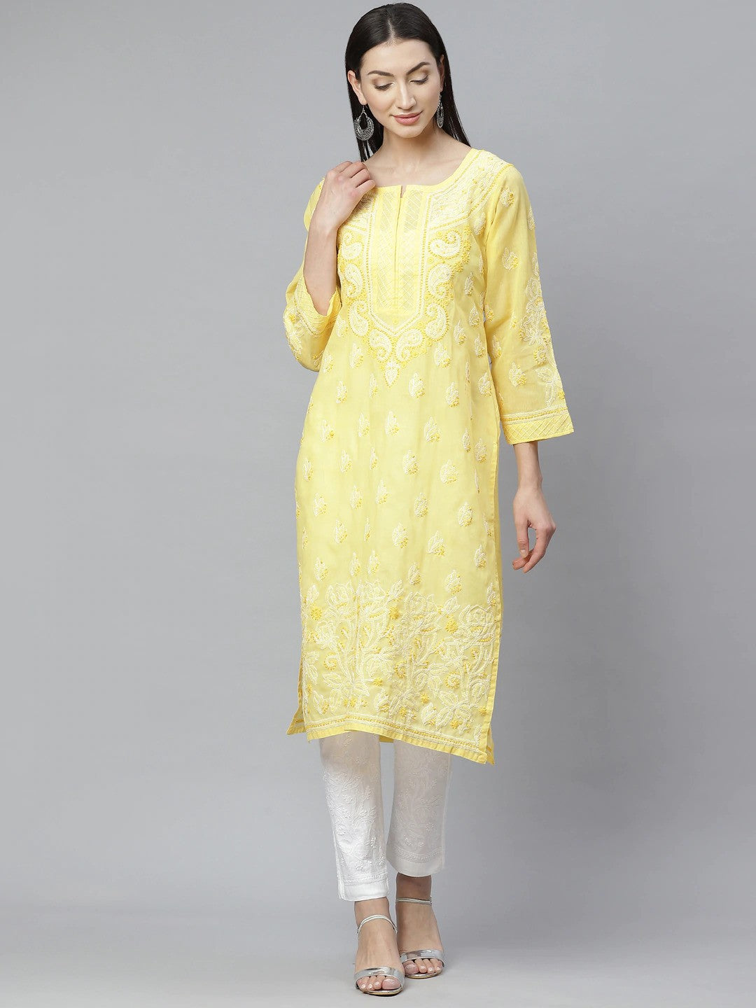 Ada Hand Embroidered Yellow Cotton Lucknowi Chikankari Straight Kurta With Trouser Set A811136