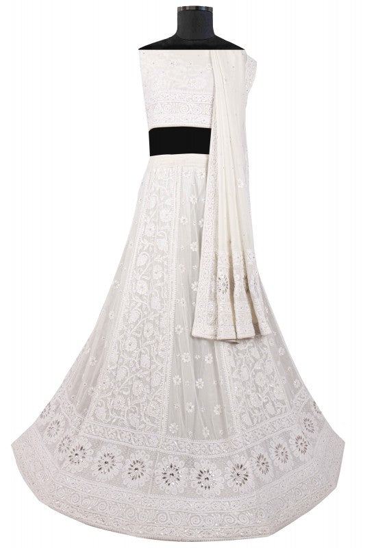 Ada Hand Embroidered White Georgette Lucknowi Chikankari Lehenga Set with Pearl Work A74224