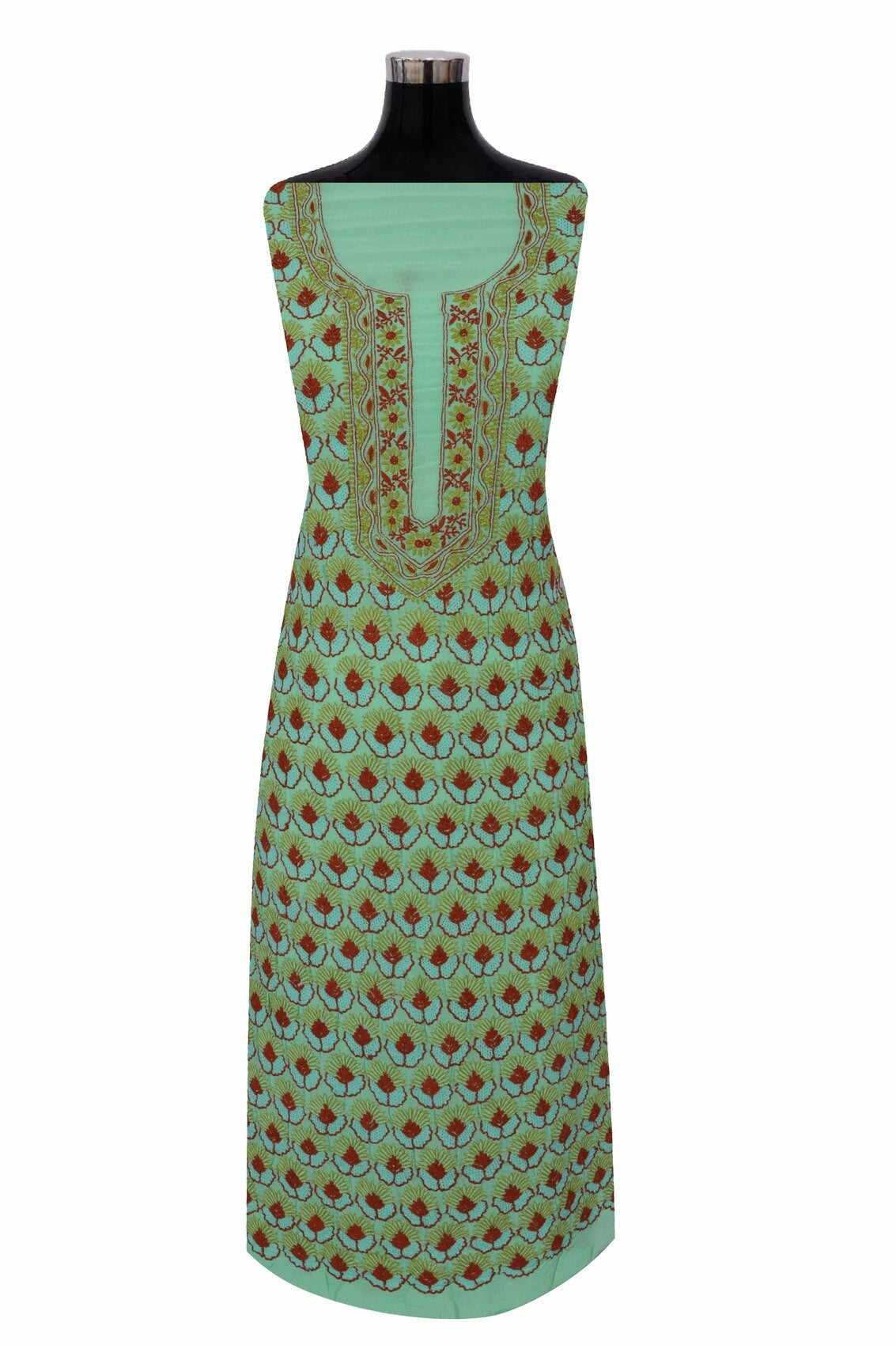 Ada Hand Embroidered Green Pure Georgette Lucknowi Chikankari Unstitched Kurta Dupatta Set A163541